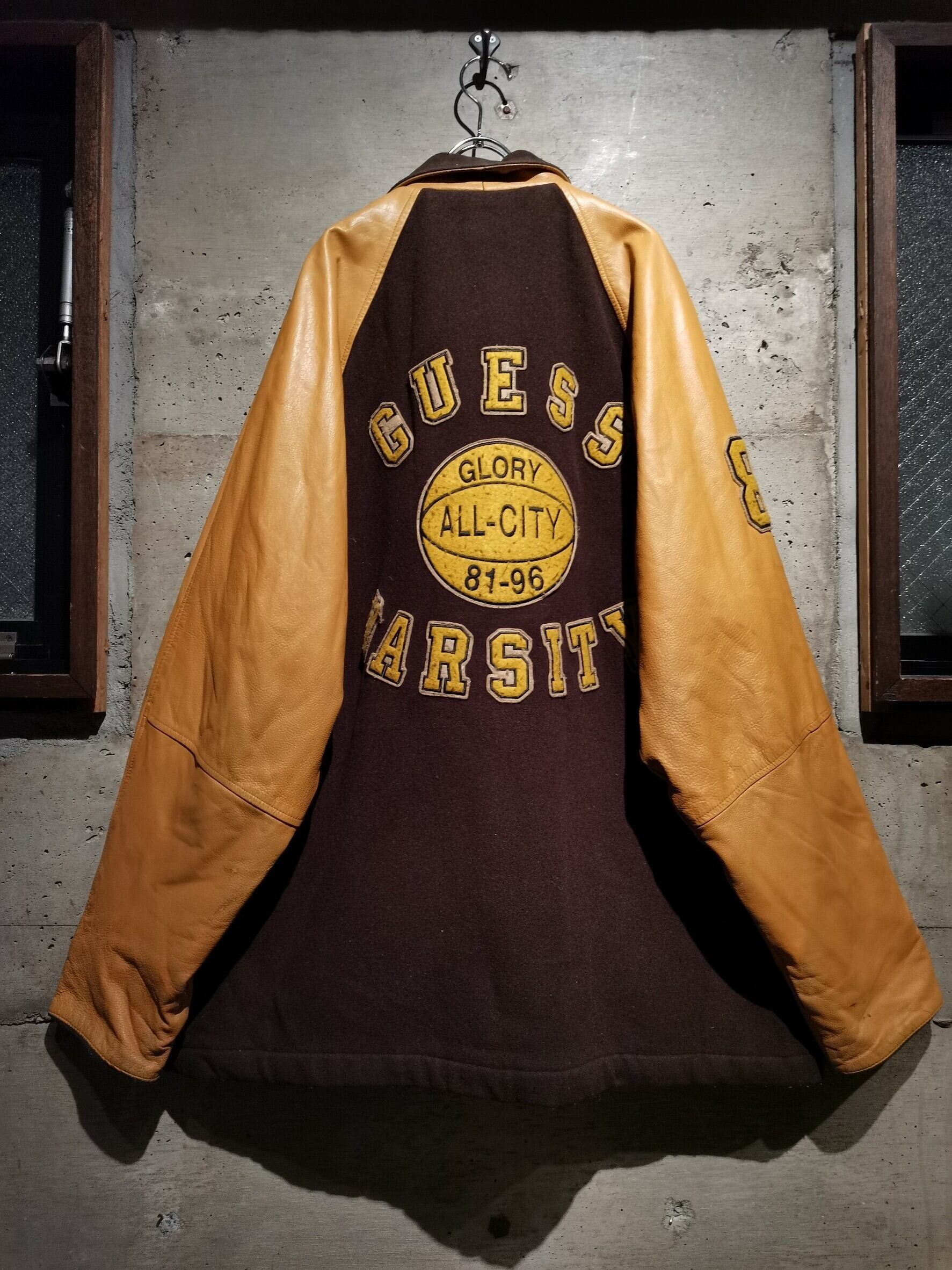 Caka】”OLD GUESS” Leather Raglan Sleeve Oversize.Stadium Jacket 
