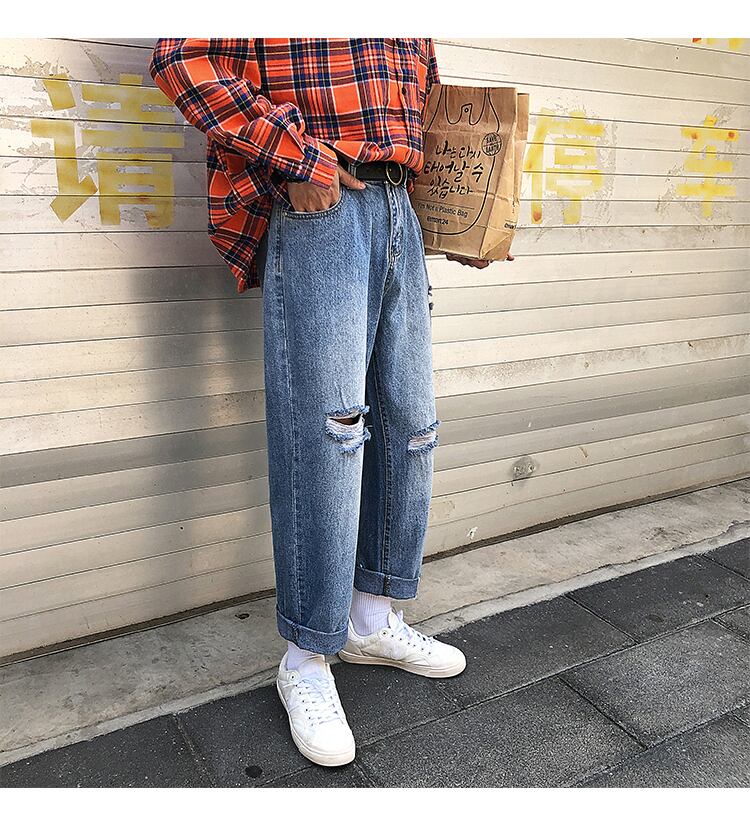 全1色 デニム パンツ ストレート カジュアル ワイド クラッシュ