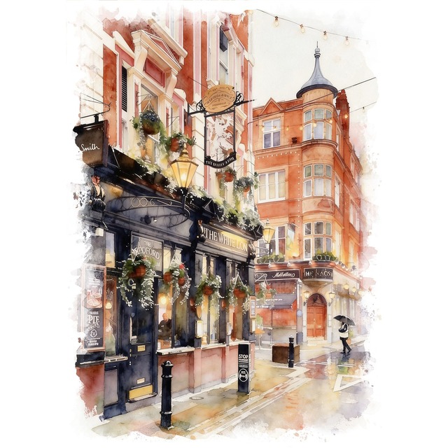 絵画 風景画(街並み)  イギリス ロンドン コベント・ガーデン インテリアアート額付き 水彩画・油絵風 WAT1026