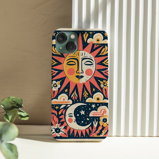 受注生産 iPhoneケース 太陽の顔と月の民芸柄｜天体モチーフ PSYF043C