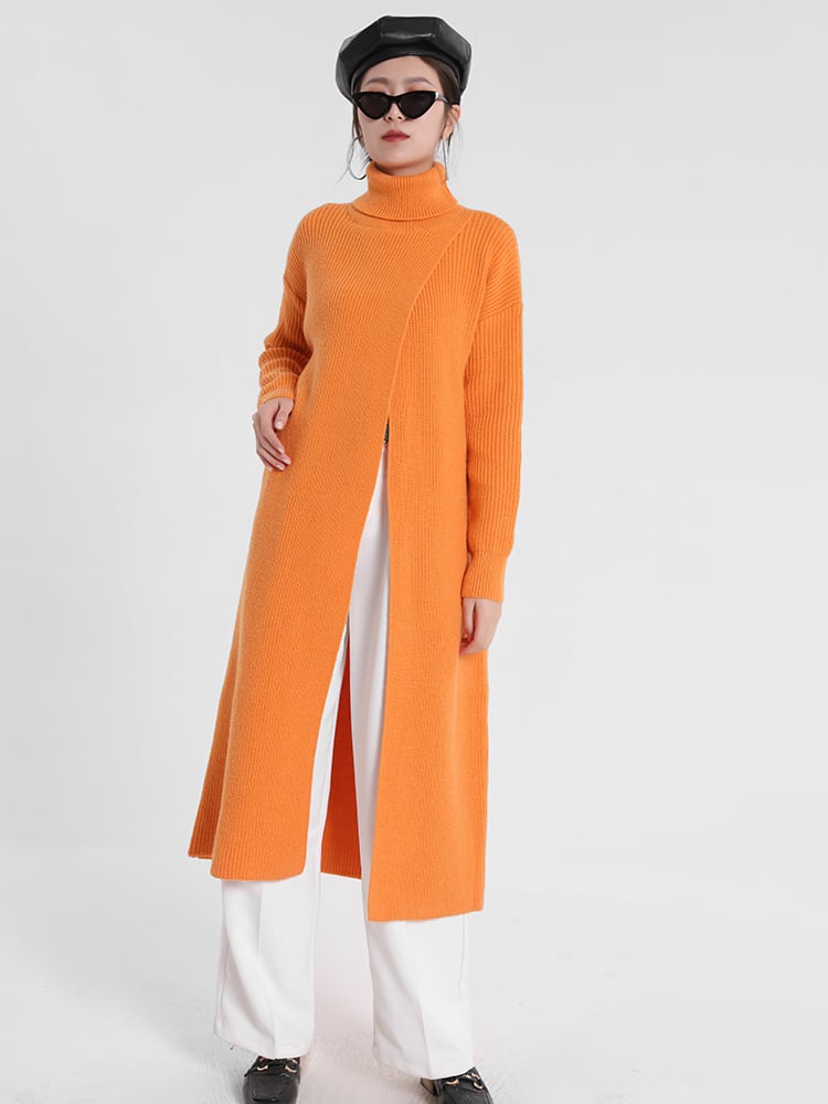 EWQ】スウィートオレンジ ニットロングスリットワンピース