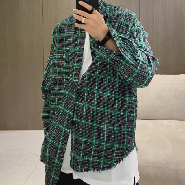 【予約販売】ネルシャツ 長袖 フランネル メンズ オーバーサイズ アシンメトリーデザイン チェック柄 ブラック グリーン カジュアル ストリート こなれ感 お洒落 韓国 トレンド 春秋冬 S/M/L/XL