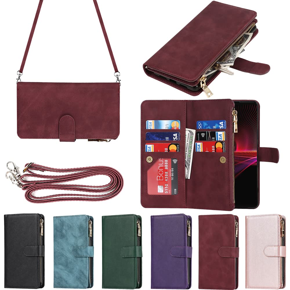 Eastwave for Sony Xperia 1 III SO-51B / SOG03 ケース for Sony Xperia 1iii 縄掛けケース 手帳型 財布型 ICカード コインポケット ストラップ付き カード 収納 小銭入れ ファスナーポケット付き PUレザー 6色 レッド