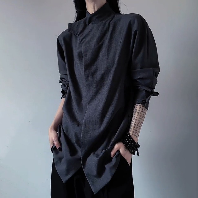 【COLNシリーズ】★チャイナ風トップス★ 2color シャツ 長袖シャツ 男女兼用 メンズ グレー 灰 黒 ブラック デザイン性有り