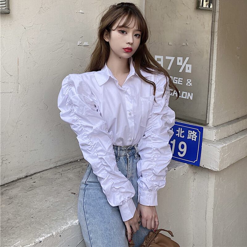 スタンダードホワイトスリーブシャツ オータムルーズトップス レトロ 秋物 ガールズファッション76701320720