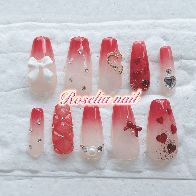 ストロベリーレッド・苺・イチゴ・赤・フレンチガーリー・可愛い系・キルティング・ハートホロ・グラデーション・リボン・ネイルチップ・ncs026