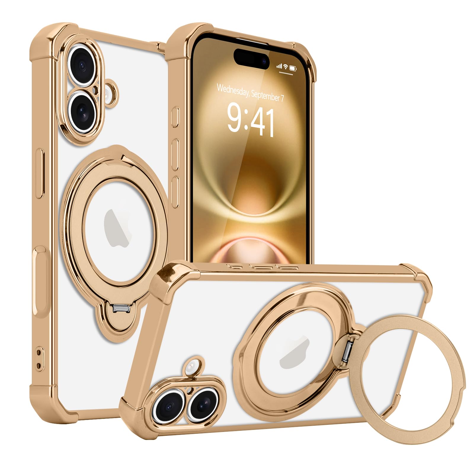 Wirvyuer iPhone 16 用 ケース マグセーフ対応 クリア リング付き 透明 耐衝撃 メッキ加工(ゴールド)