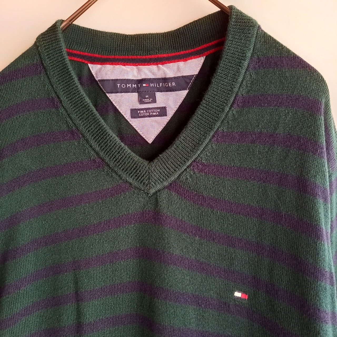 トミーヒルフィガー　ピマコットン　Vネックセーター　ボーダー　M