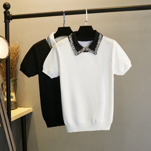 【バイカラーニットトップス】半袖 襟付き フリンジ おしゃれ きれいめコーデ