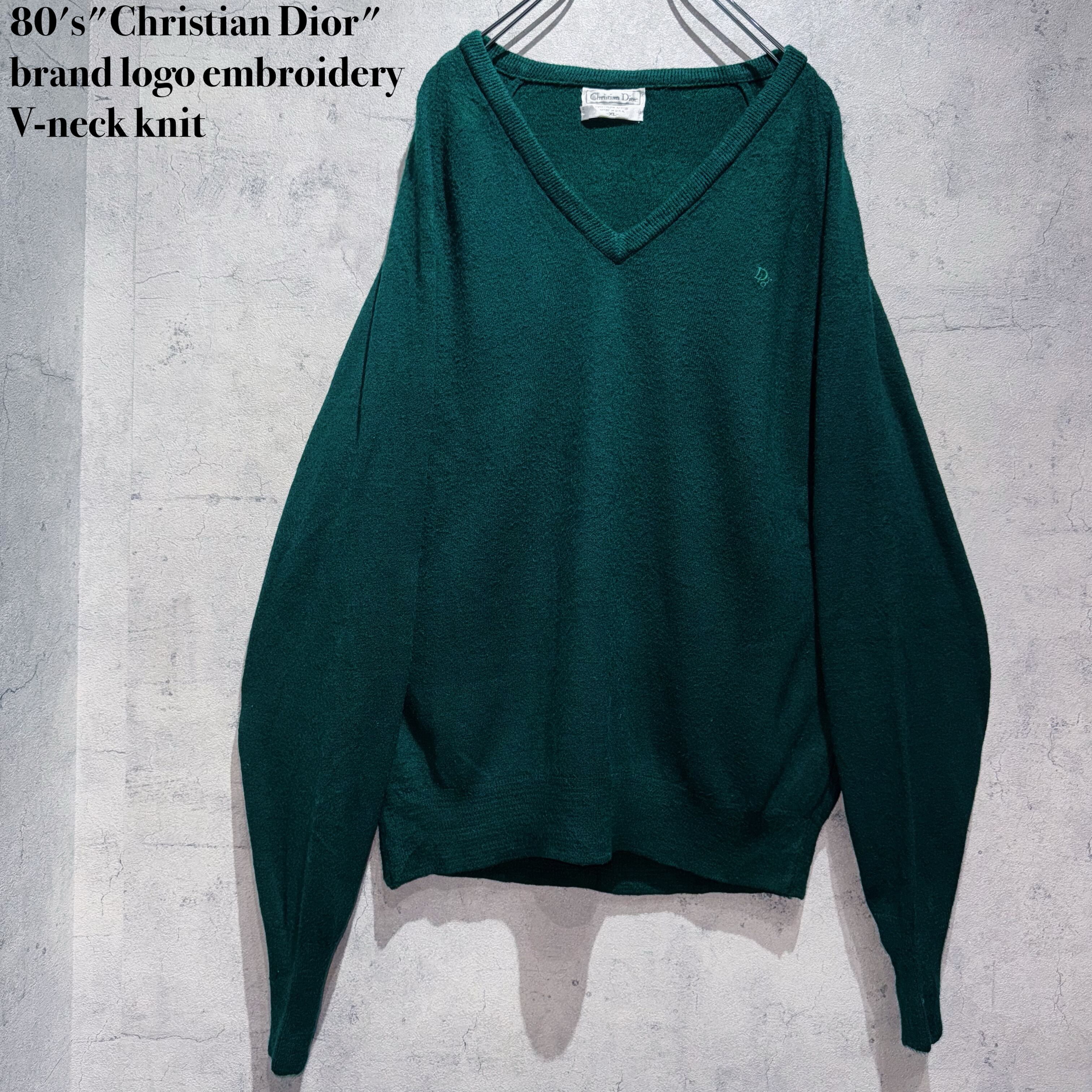 80's"Christian Dior"brand logo embroidery V-neck knit
