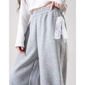 ribbon trimming elastic waist wide leg pants la0756