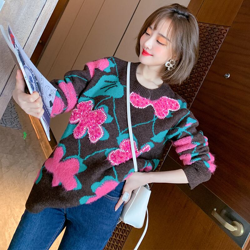 ラウンドネックジャカードルーズセーター スプリング 春物 Oネック MIUCO14384872868