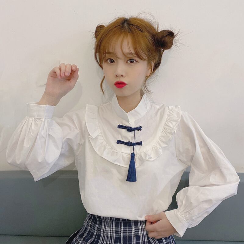 スプリングオータムスタンダードボタンシャツ カラートップス ロング レトロ 春物 秋物 萌量不足38824895982