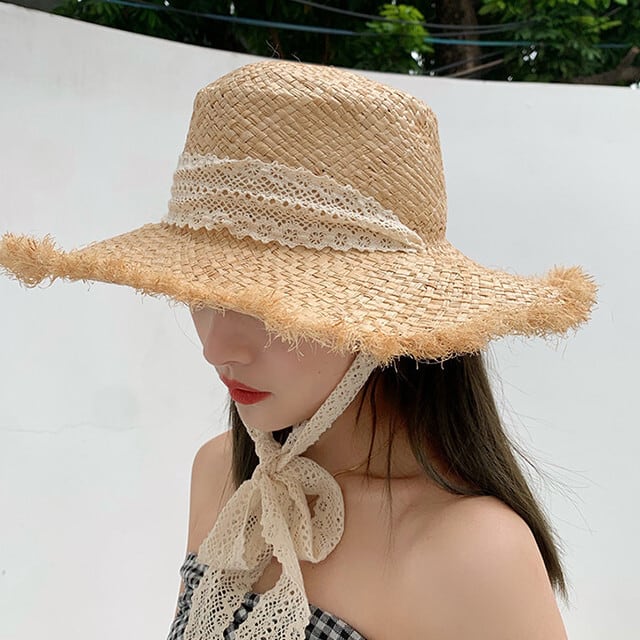 ストローハット 麦わら帽子 つば広 レース リボン かわいい おしゃれ お出かけ デート レジャー ピクニック ベージュ ナチュラル