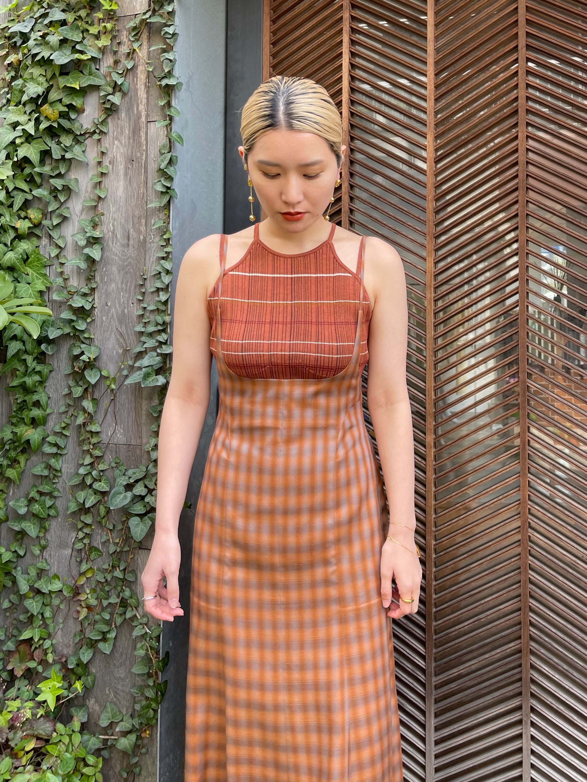 マメクロゴウチRandom Ribbed Plaid Knitted Dress-