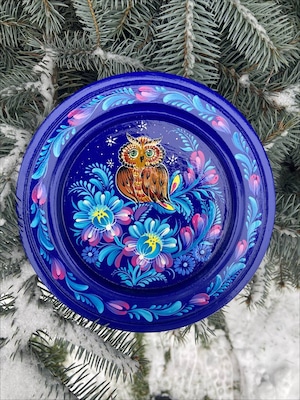 ペトリキウカ塗りのプレート 梟（ティモシェンコ作）20cm