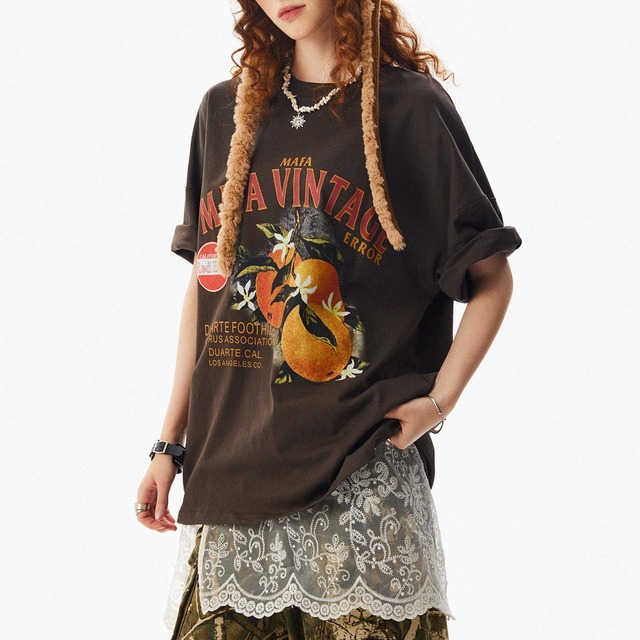 ヴィンテージオレンジプリントTシャツ 2col   R00124