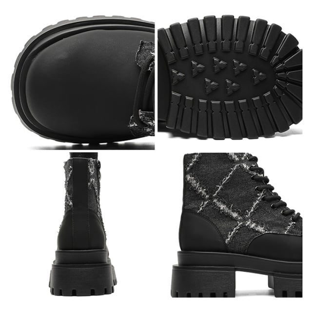 予約販売】ブーツ メンズ ワークブーツ 編み上げ ブラック 黒 異素材