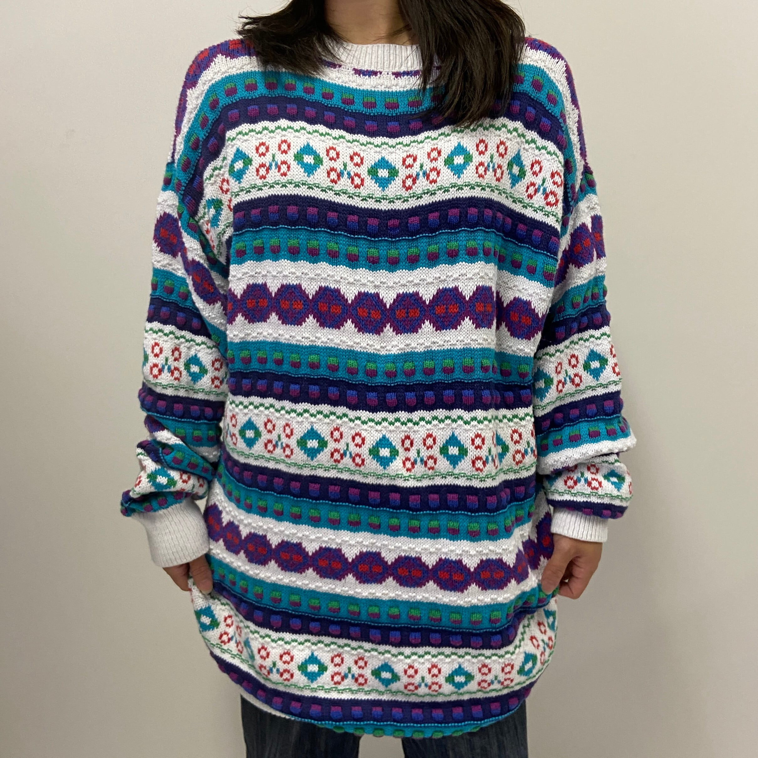 古着 ビンテージ 80s イタリア XL 総柄 ウール ニット セーター 美品 古着 80s Italy製 LANVIN ボタニカル フラワー ストライプ モック