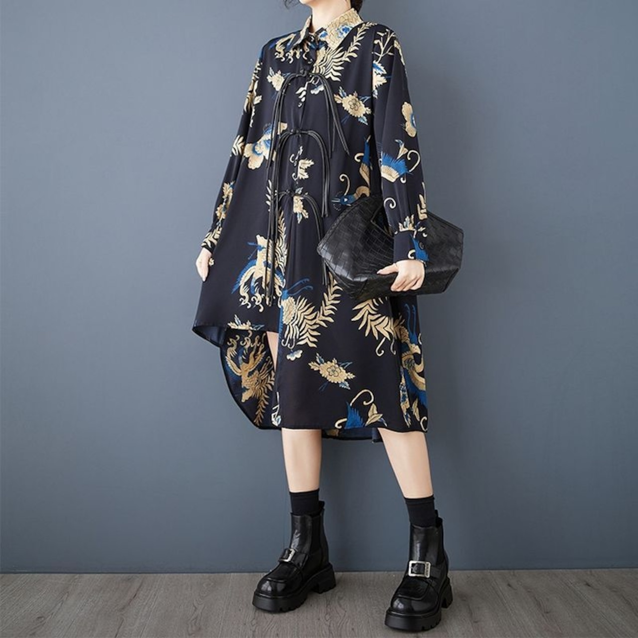 アシンメトリーヘム 紐装飾 ロングシャツ 00073