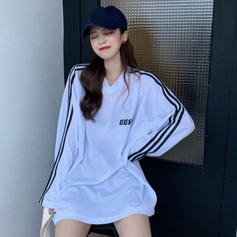 原宿の夏バージョン怠惰なルーズルーズシンインシンサンスクリーンVネックプルオーバー長袖Tシャツ女子学生トップ YY-ファッション6085514517