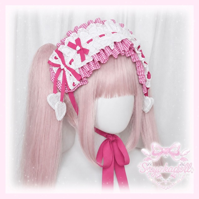 ♡ Candy ギンガムチェック柄 フリルレースリボンヘッドドレス cherry pink ♡