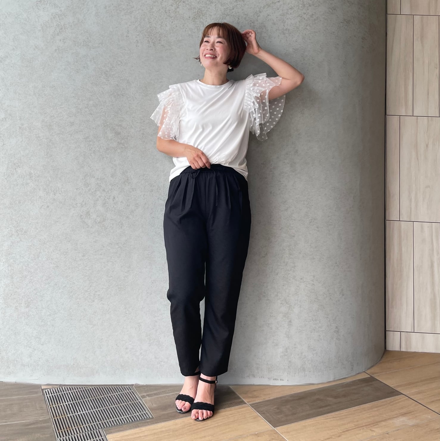 t*に様 keep my closet ドットチュール袖コットン 黒 涼さら【ゆったり着痩せ】360℃大人可愛い♡ドットチュール袖コットンT