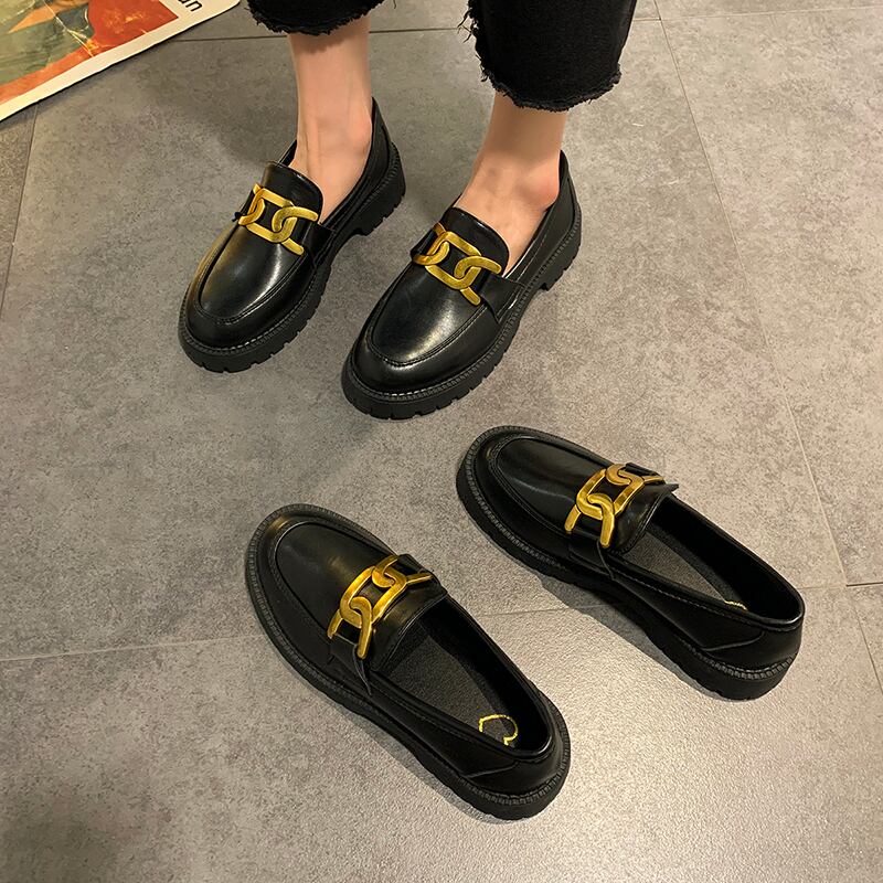 レザースタイルスプリングセット シングルブラック 靴 シューズ ローファー 春物 ラウンドトー 部族の婦人靴16278851591