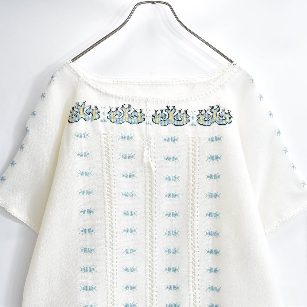 Used フォークロア刺繍スモックボートネック半袖ブラウスレースディテールアイボリー USED ヴィンテージ ビンテージ 古着 レディース XLサイズ相当