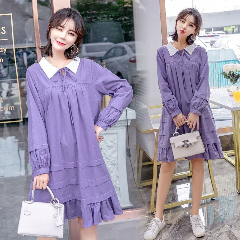 【新作】【送料無料】 新しいルーズマタニティドレスファッションラペルミドルレングスプラスサイズマタニティドレスのマタニティウェア2019秋バージョン-アリババ 大きめサイズ オータム 秋物 expec277439531242