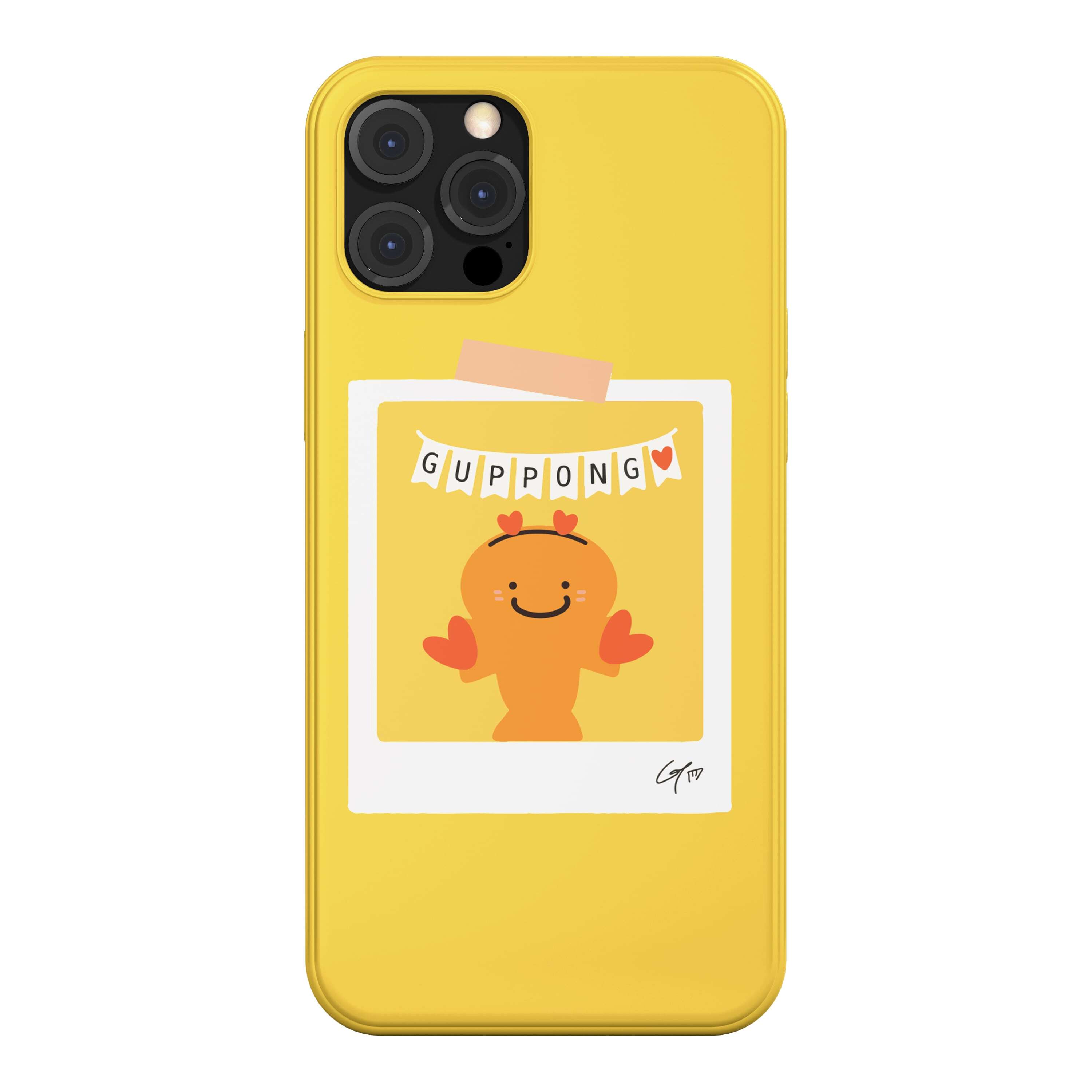 韓国 スマホケース [GUPPY] かわいい 癒やし系 ゆるキャラ デザイナーズ iPhone Android対応 携帯カバー ポップコーン ハート 写真 イエロー (GP05)