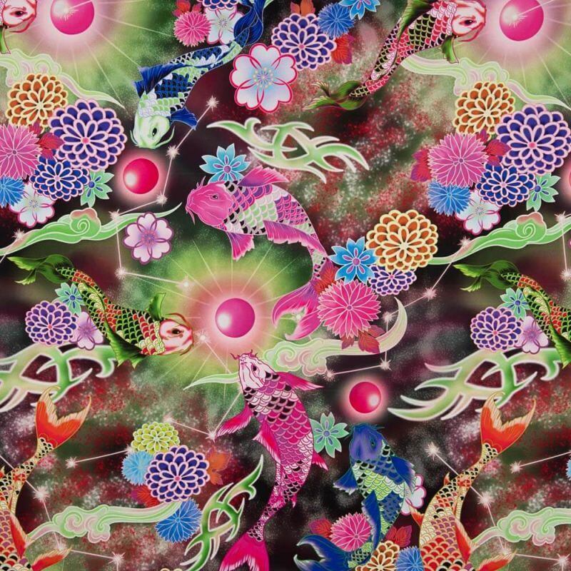 サテン生地 / サイケデリック 鯉 / マルチカラー | 胡桃227 - 輸入