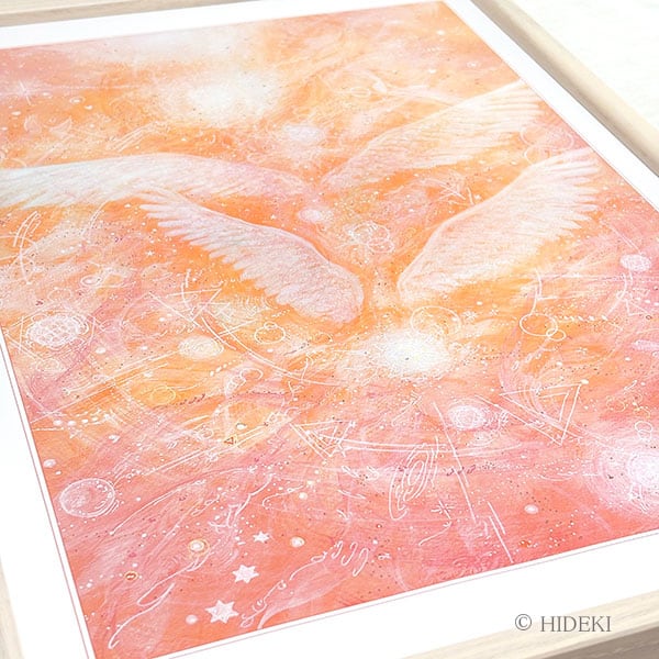 天使の絵「いつも一緒」HIDEKI 直筆サイン入り HYMジクレー版画 A3額縁