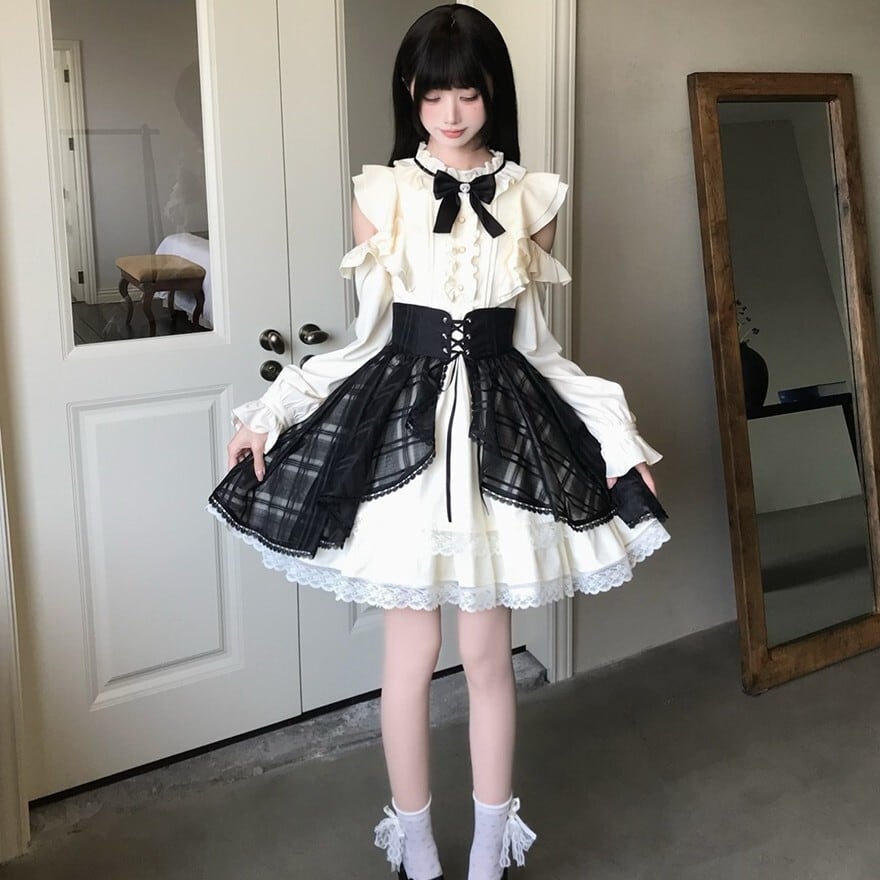 クラシカルロリータ ワンピース オープンショルダー フリル リボン