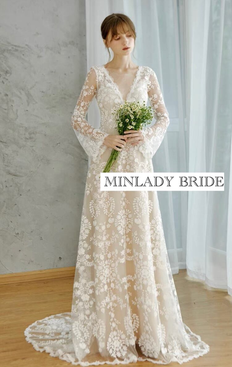 総レース 袖付き バックコンシャス ウェディングドレス | MINLADY BRIDE