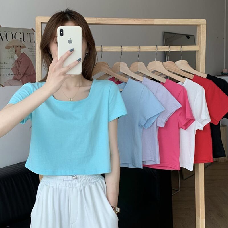 Tシャツ サマーホワイトショートトップス ルーズカラー半袖スリーブ ハーフスリーブ 夏物 スクウェア 1号婦人45942861475