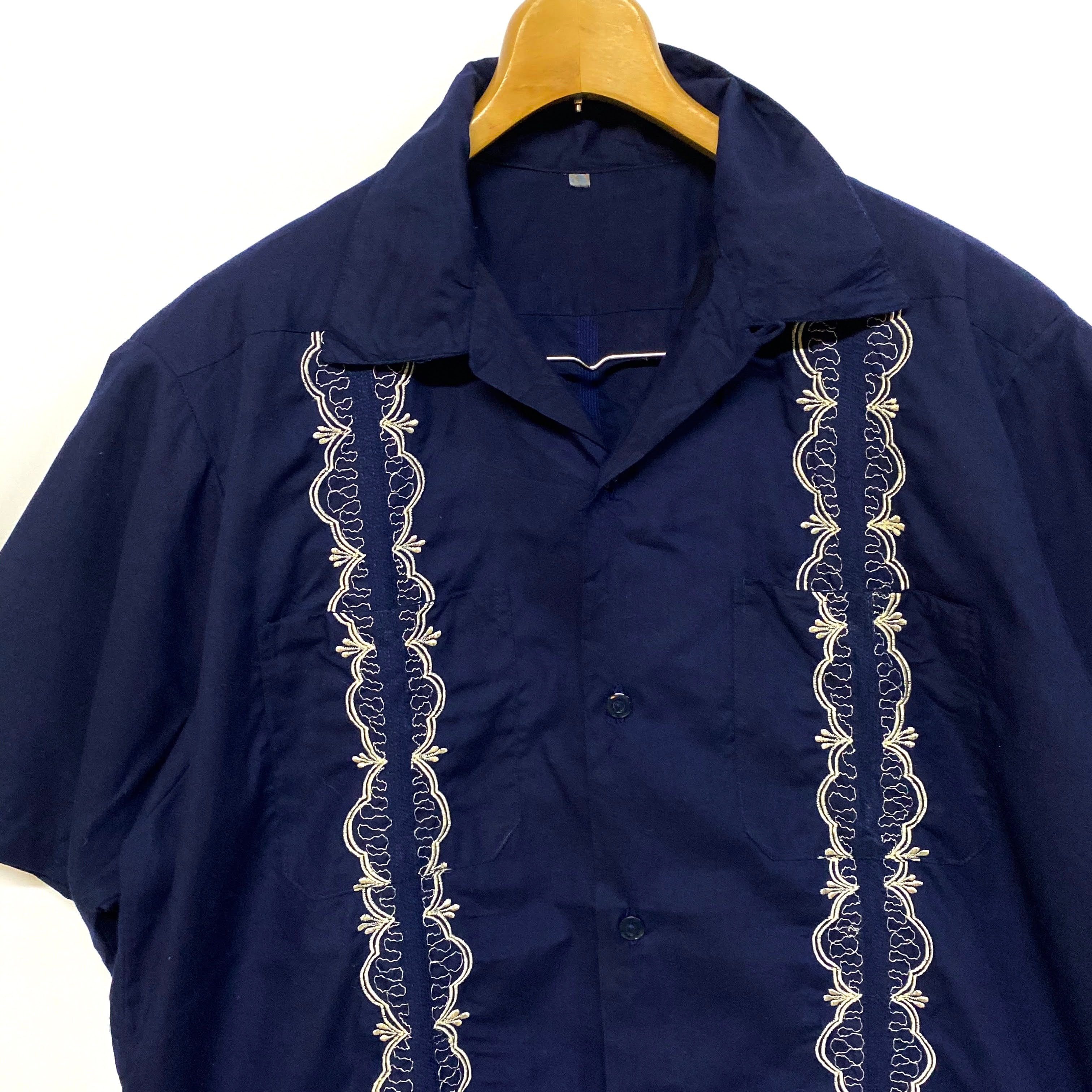 ヴィンテージ キューバシャツ ネイビー 刺繍 メンズM~L相当【半袖