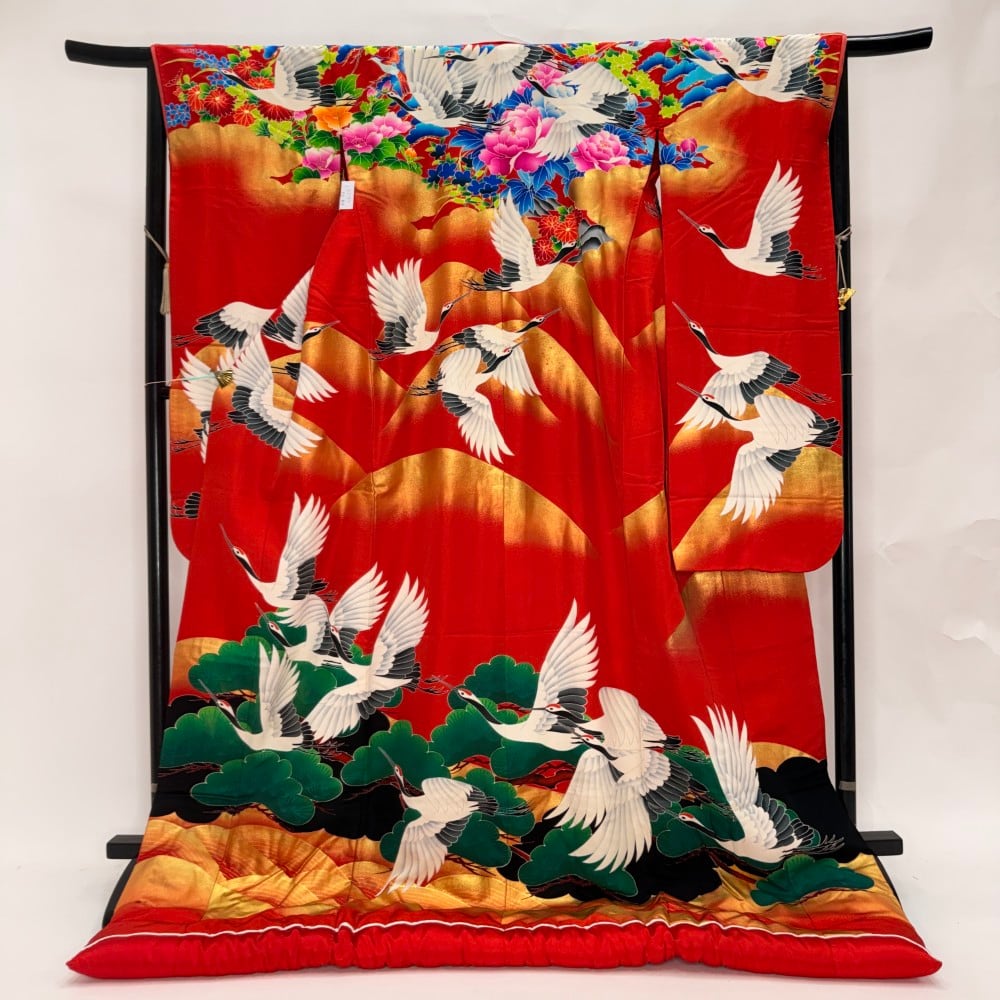 色打掛 正絹 鶴 刺繍 赤 打掛 花嫁衣裳 ポリエステル リサイクル 中古 ブライダル ウエディング 着物 6624