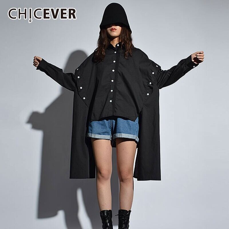 CHICEVER秋のレディーストップスとブラウスシャツラペル長袖非対称裾黒ブラウス女性服 ロング ブラック オータム 秋物 6base561430488819