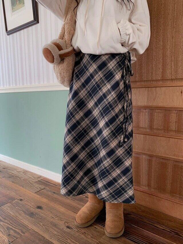 (予約)ezediary / Winter fleece check long skirt / 2color
