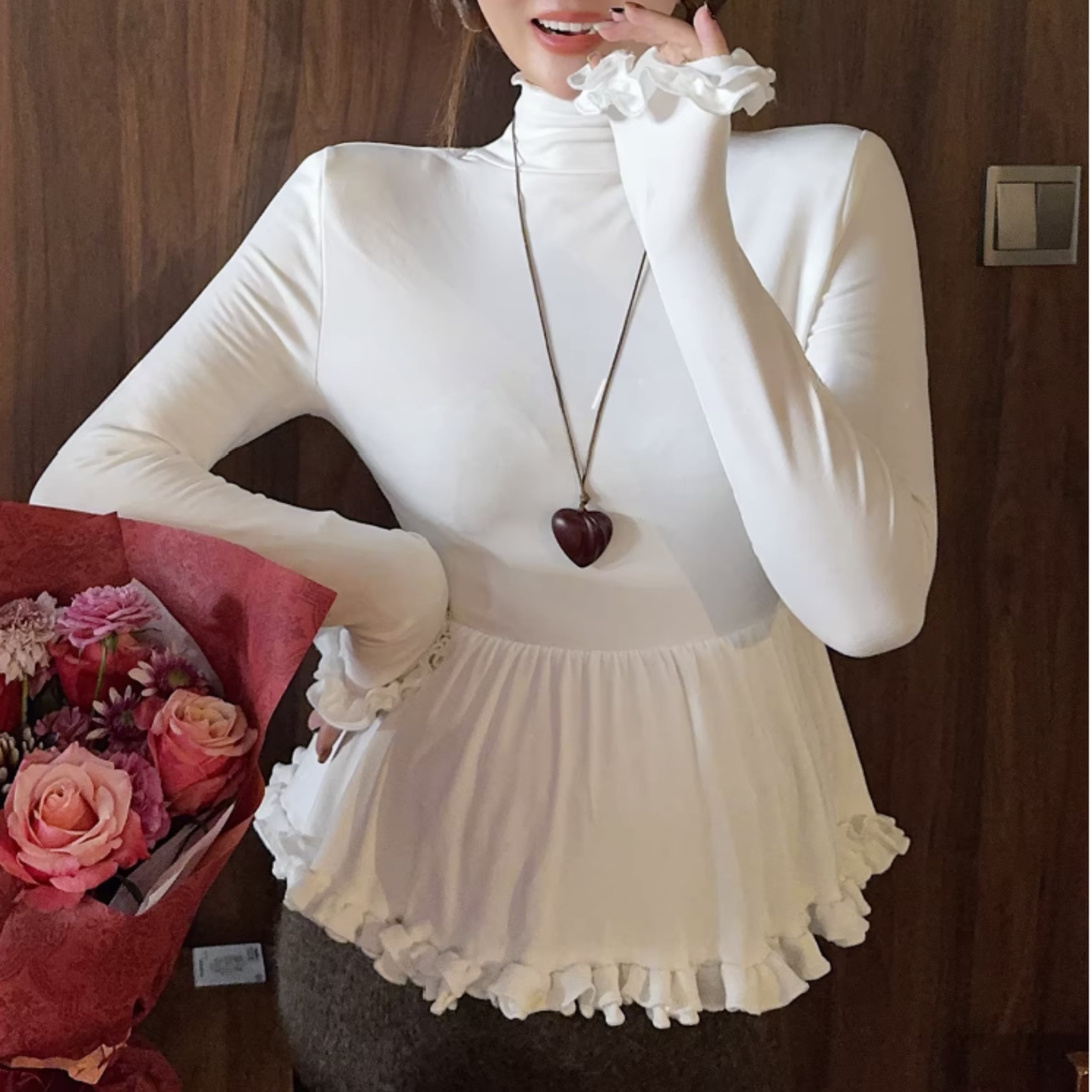 フリルネック 長袖 ペプラム トップス r001282