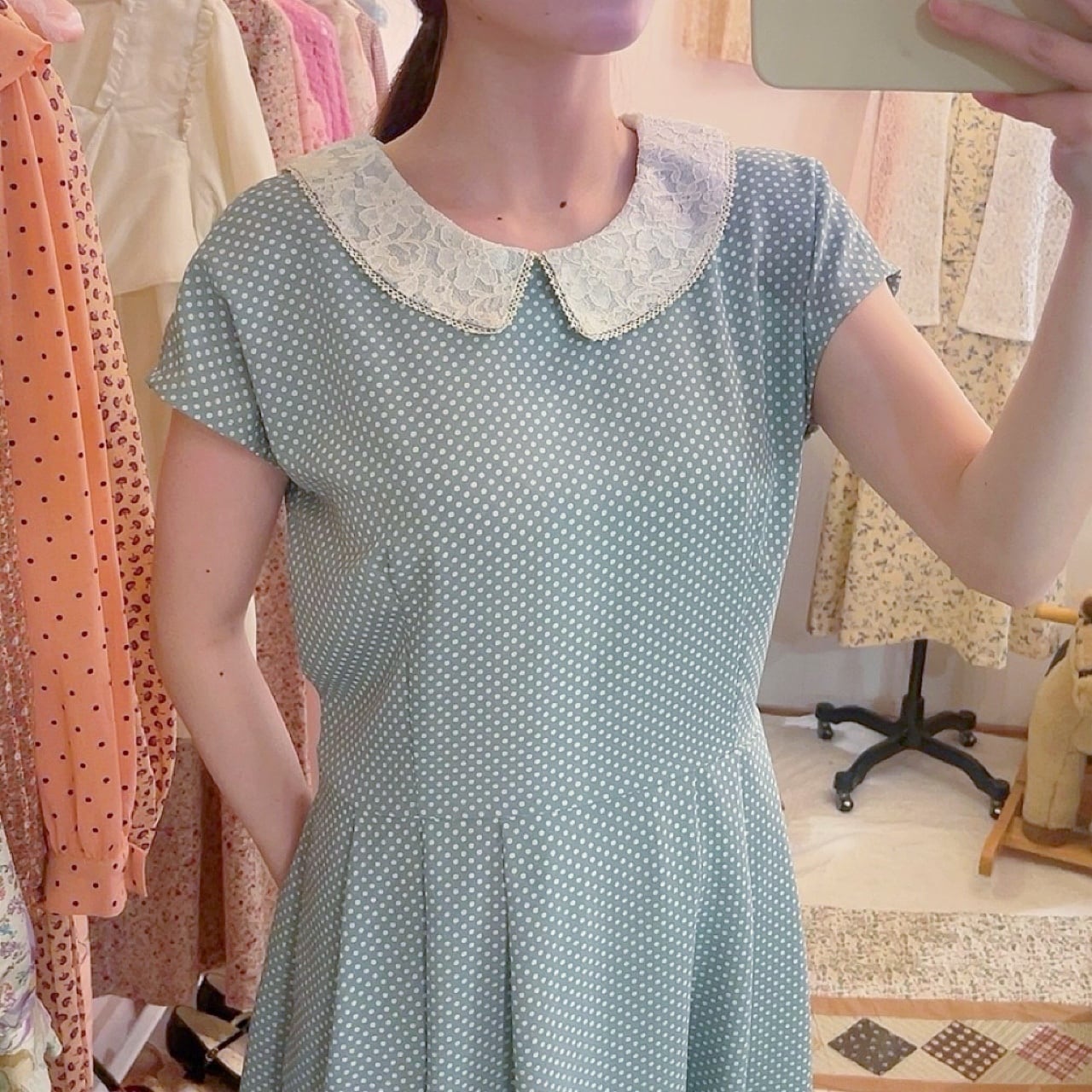 lace collar light green dot one-piece