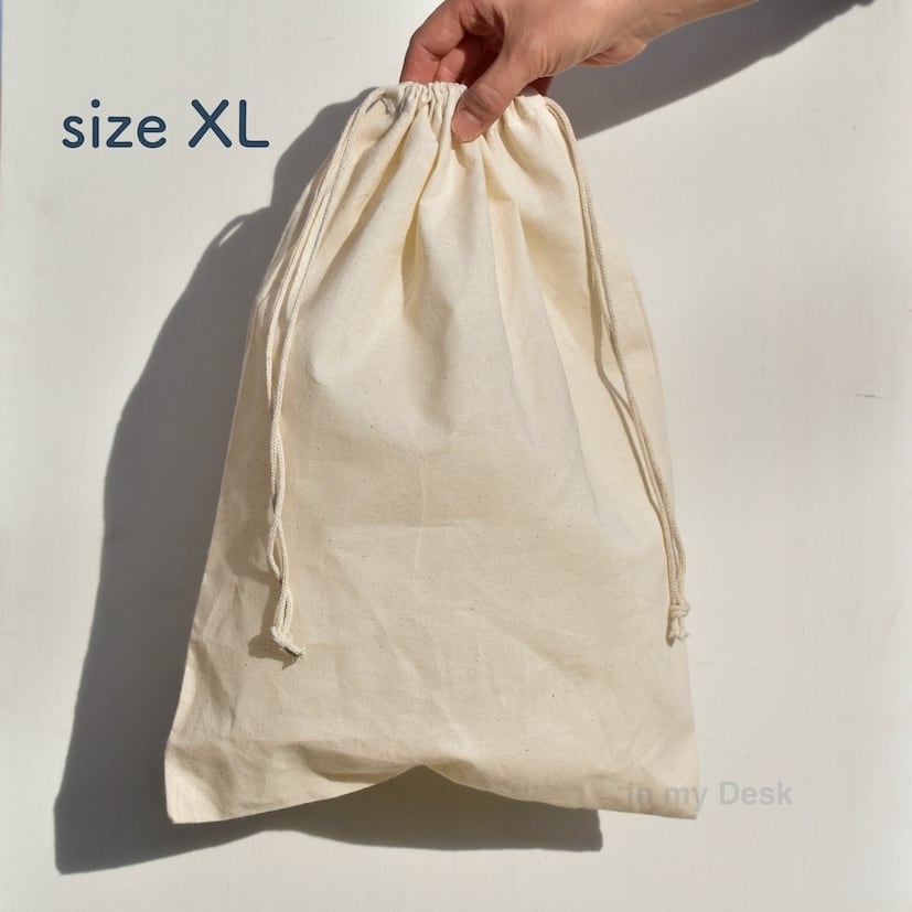 size XL, Natural Cotton Drawstring Bag 】ナチュラル コットン の シンプルな 巾着袋 【 XL サイズ 】  きんちゃく 巾着 綿 バッグインバッグ Bag in Bag 無地 生成り シューズ入れ 体操着入れ in my Desk.
