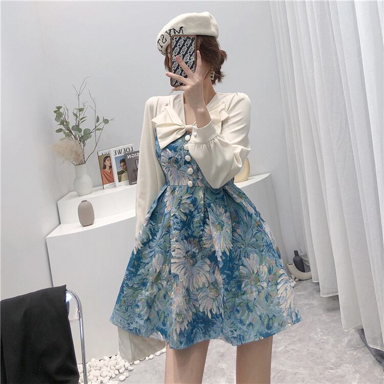 上品 文学と芸術 Aライン ショートスカート シフォン 長袖 縫付 ししゅう ワンビース