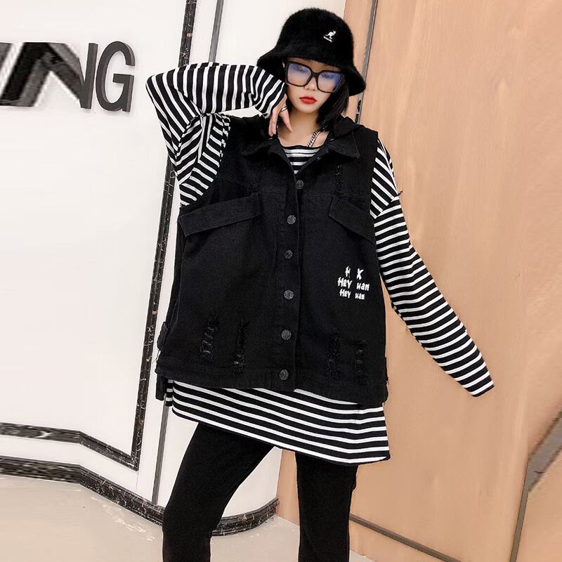 2020年初秋プラスサイズレディースニューファットmmスリミングトップルーズシンプルデニムレターベストジャケット女性トレンド ミックスインファッション65767451480