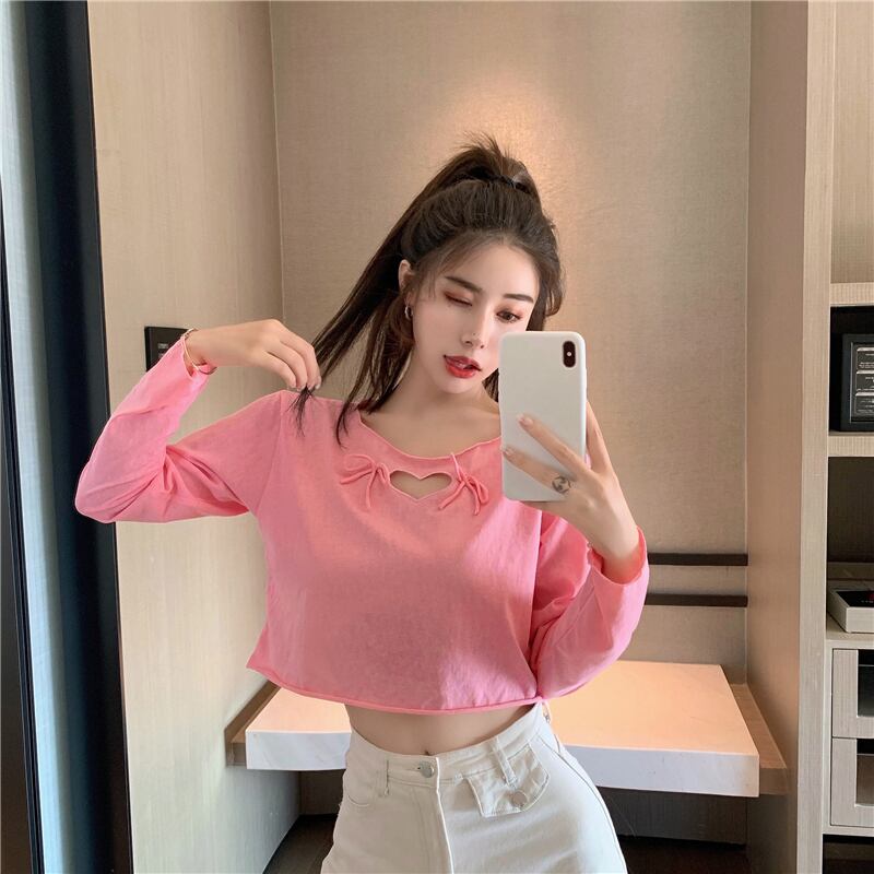 Tシャツ シャツ ショートクロップドルーズスプリングラウンドネックトップス ロング ピンク 春物 Oネック ブラックストロベリース41350519962