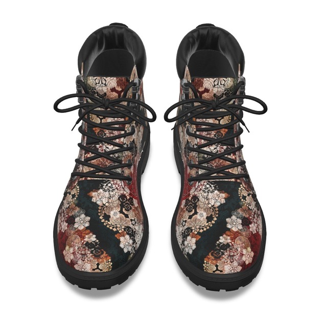 和紋様装飾　深緑　和柄ユニセックスヴィーガンレザーブーツ