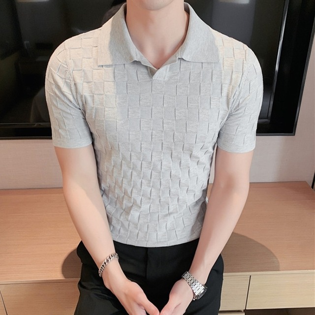 幾何柄ニットショートスリーブポロシャツ 3カラー　V0460