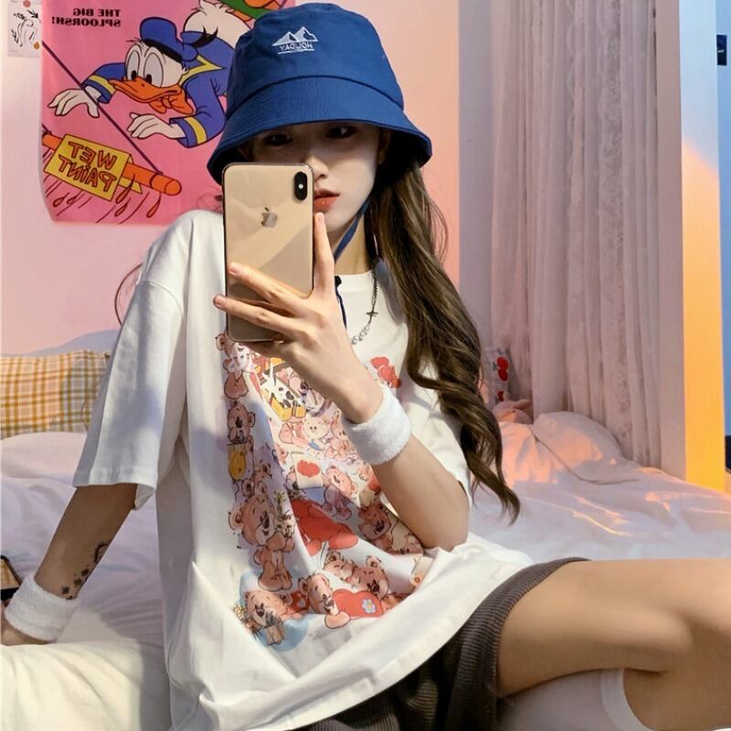 プリント柄ホワイトTシャツ トップス ルーズサマー薄手 夏物 YY-ファッション5137176397