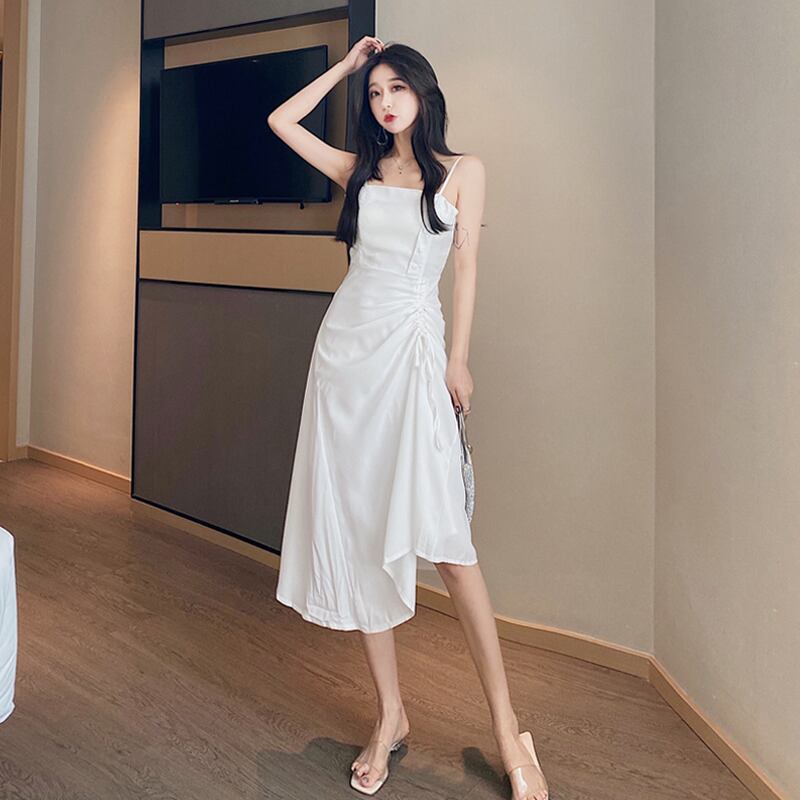 夏の新作気質ドレス、フェアリーセン、白いサスペンダースカート、不規則なプリーツハイウエストAラインスカート 1号婦人35224575498